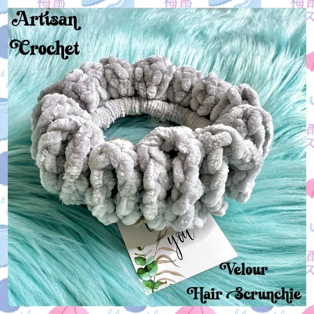 Handmade Jumbo VELVET Light Gray Chunky Crochet Hair Scrunchie PinkRainCloud